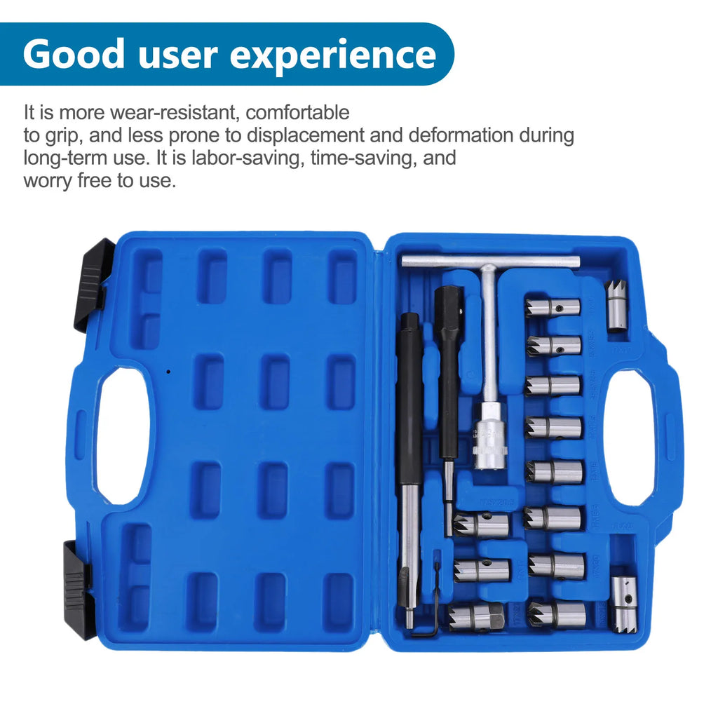17Pcs Professional Diesel Injector Seat Cutter Cleaner Tool Set Universal Injector Seat Cleaning Kit Carbon Steel Remover Car Flat Reamer Repair Tools