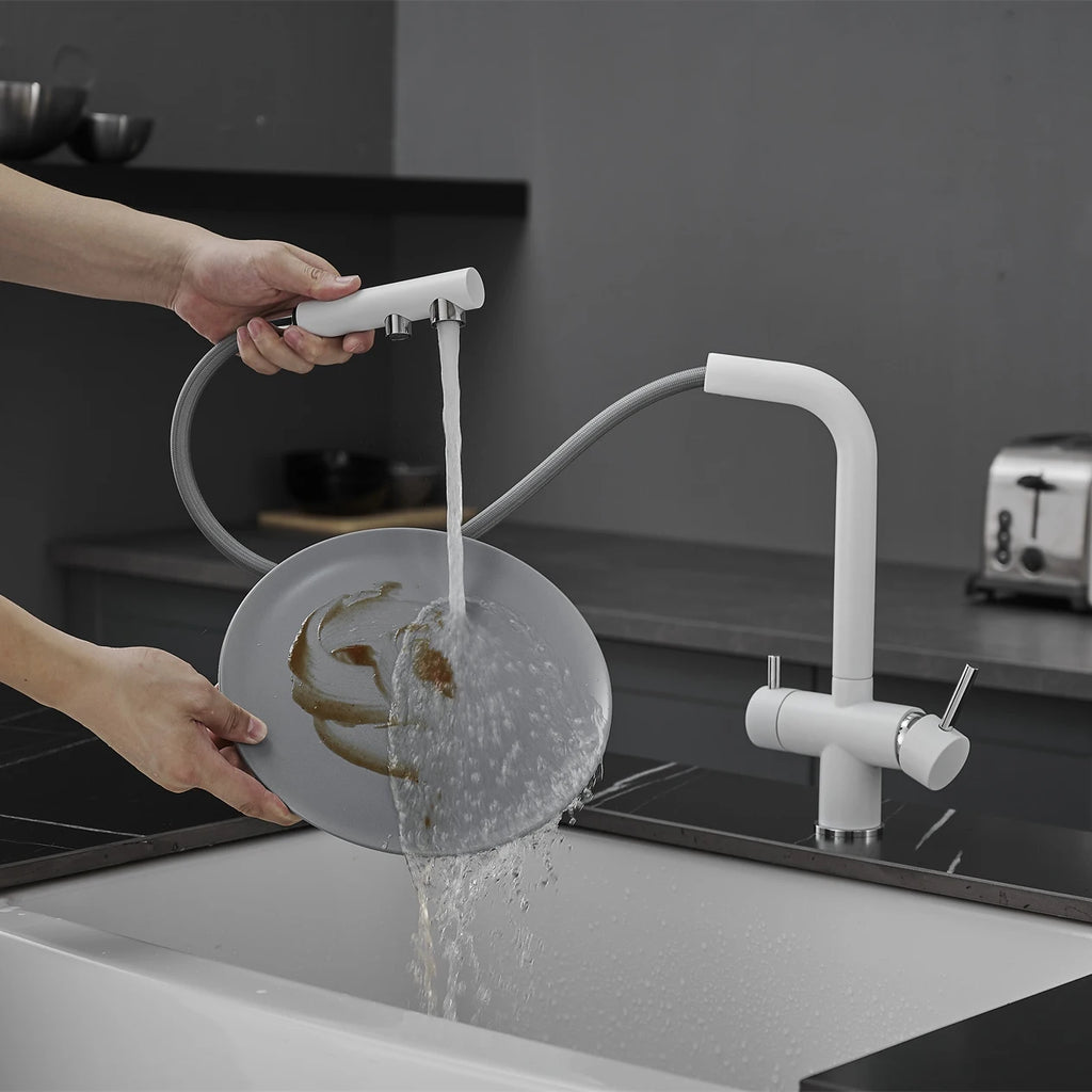 White Hot Cold Filter Kitchen Sink Faucets 3 Ways Pure Water Pull Out Kitchen Sink Mixer Tap Brass Filter Kitchen Sink Faucet