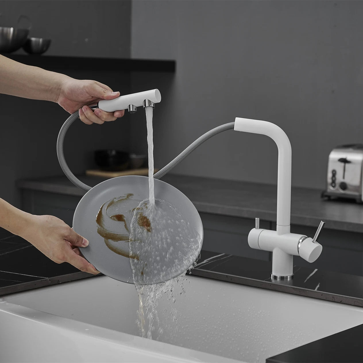 White Hot Cold Filter Kitchen Sink Faucets 3 Ways Pure Water Pull Out Kitchen Sink Mixer Tap Brass Filter Kitchen Sink Faucet