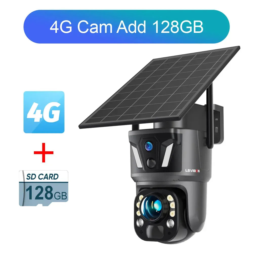 Outdoor solar PTZ security camera with dual lenses, 4G, includes 128GB SD card