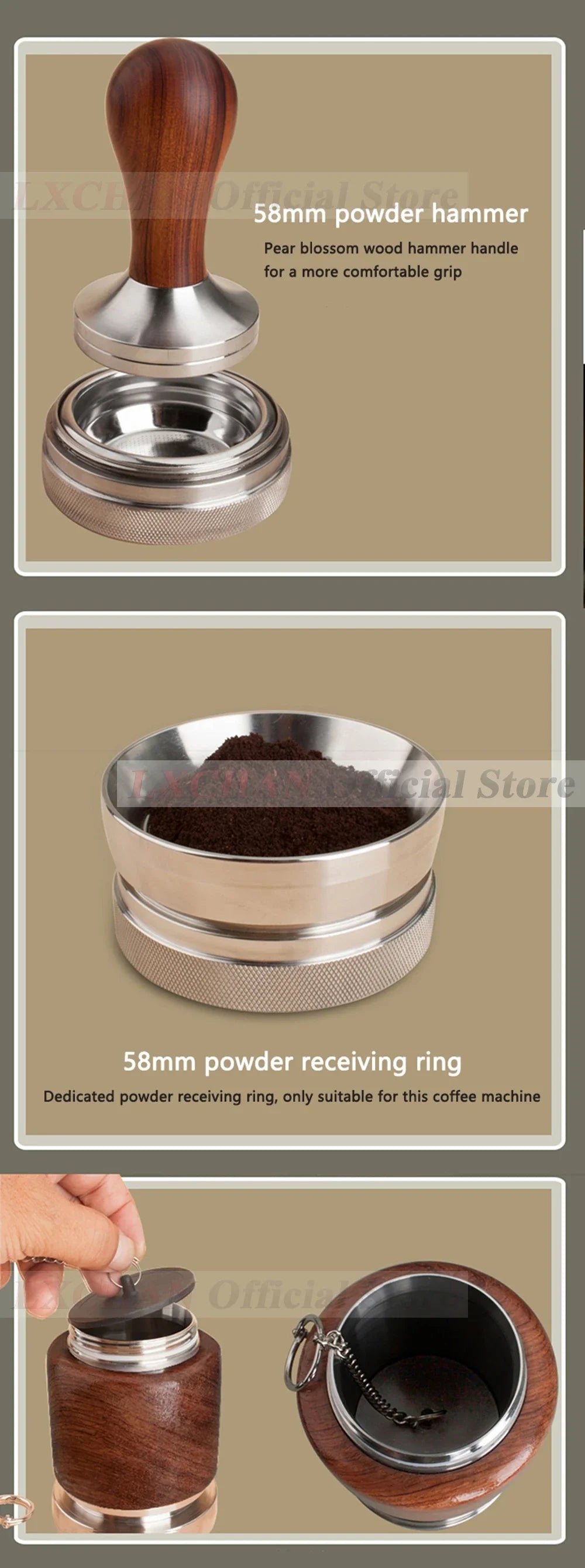 58mm espresso coffee tamper and powder receiving ring set with pear wood handle and stainless steel base.