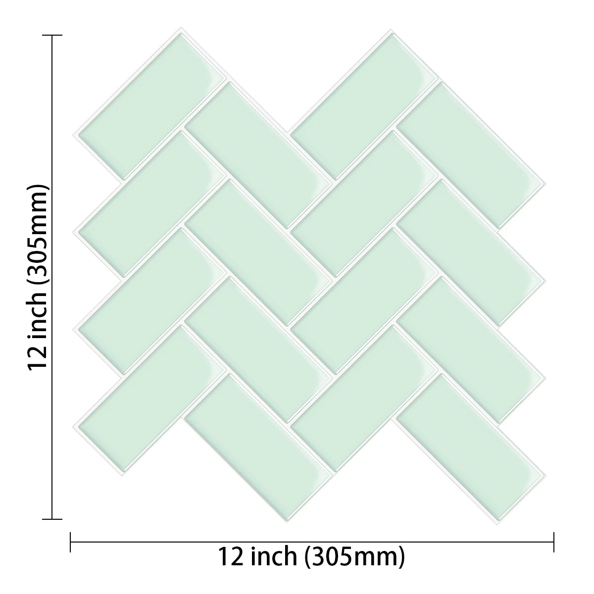 12x12 inch sheet layout of mint green herringbone peel-and-stick tiles.