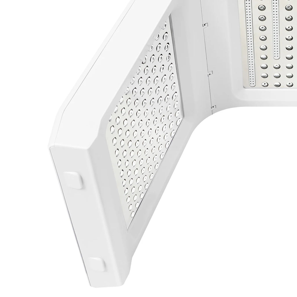 White LED red light therapy panel with adjustable hinged wings, featuring a grid of small light-emitting diodes.