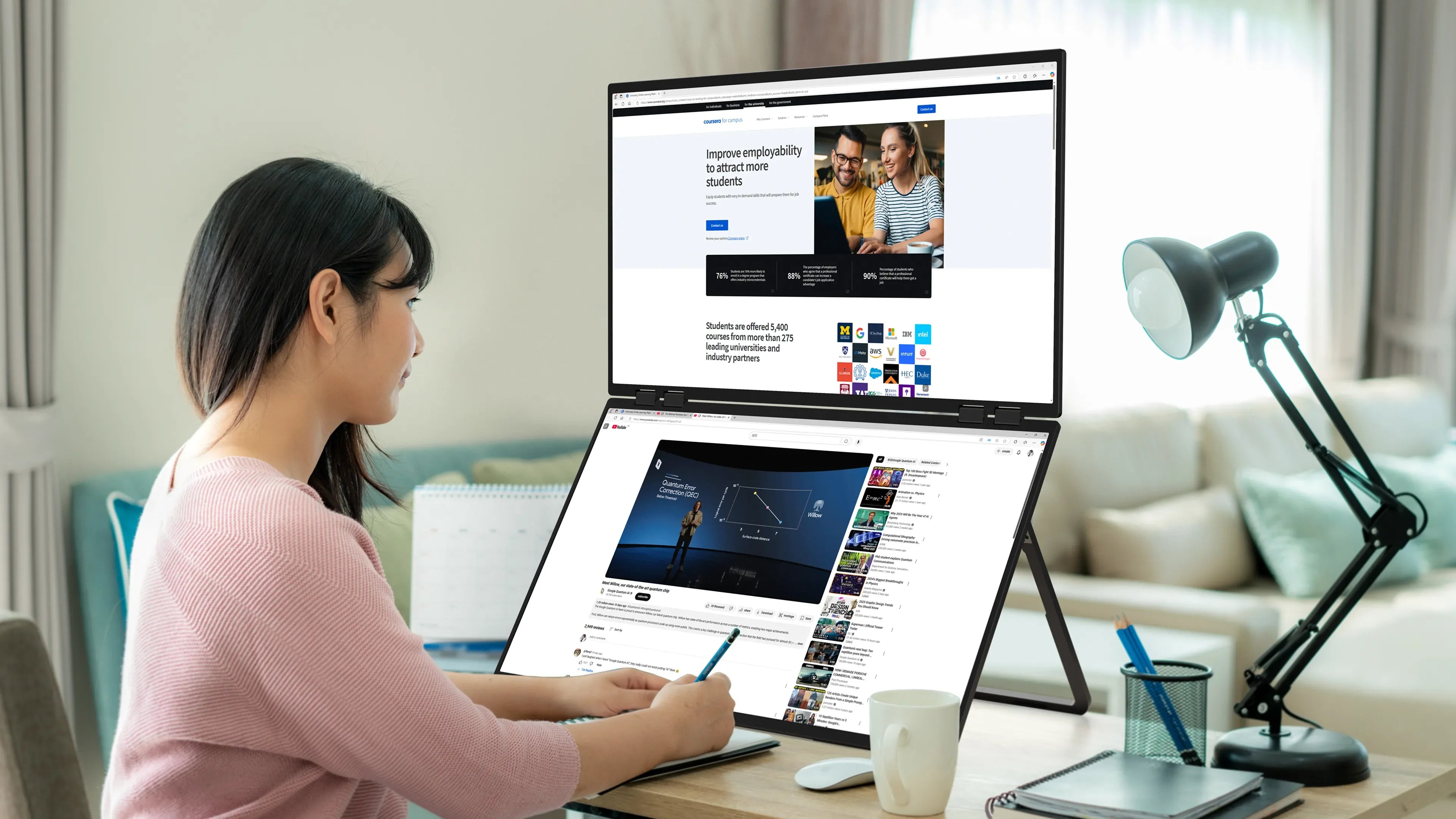UPERFECT Delta Mega 23.8 Inch 100Hz Dual Screen Stacked Computer Display 1080P 360° Folding Triple Extender Monitor with Speaker