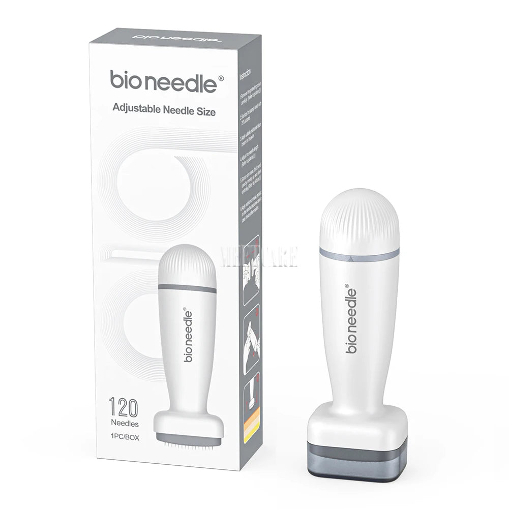 White Bio Needle 120-pin adjustable derma stamp for microneedling, beard growth, and skin rejuvenation in box.