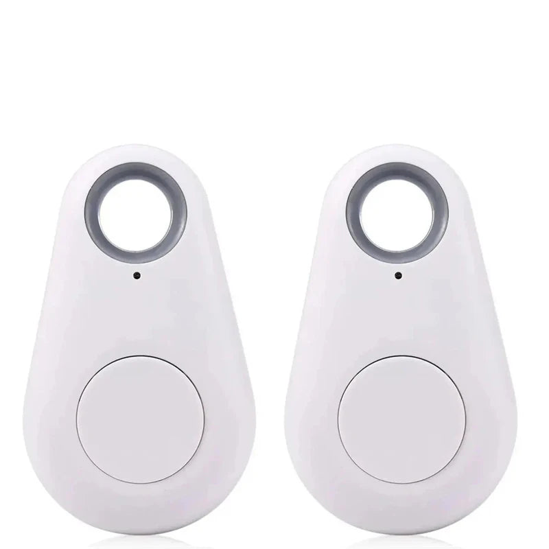 Two white Bluetooth mini GPS trackers for pets to prevent loss and provide real-time location tracking via smartphone app.