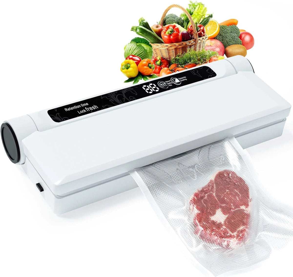 White fully automatic vacuum sealer sealing a bag with red meat