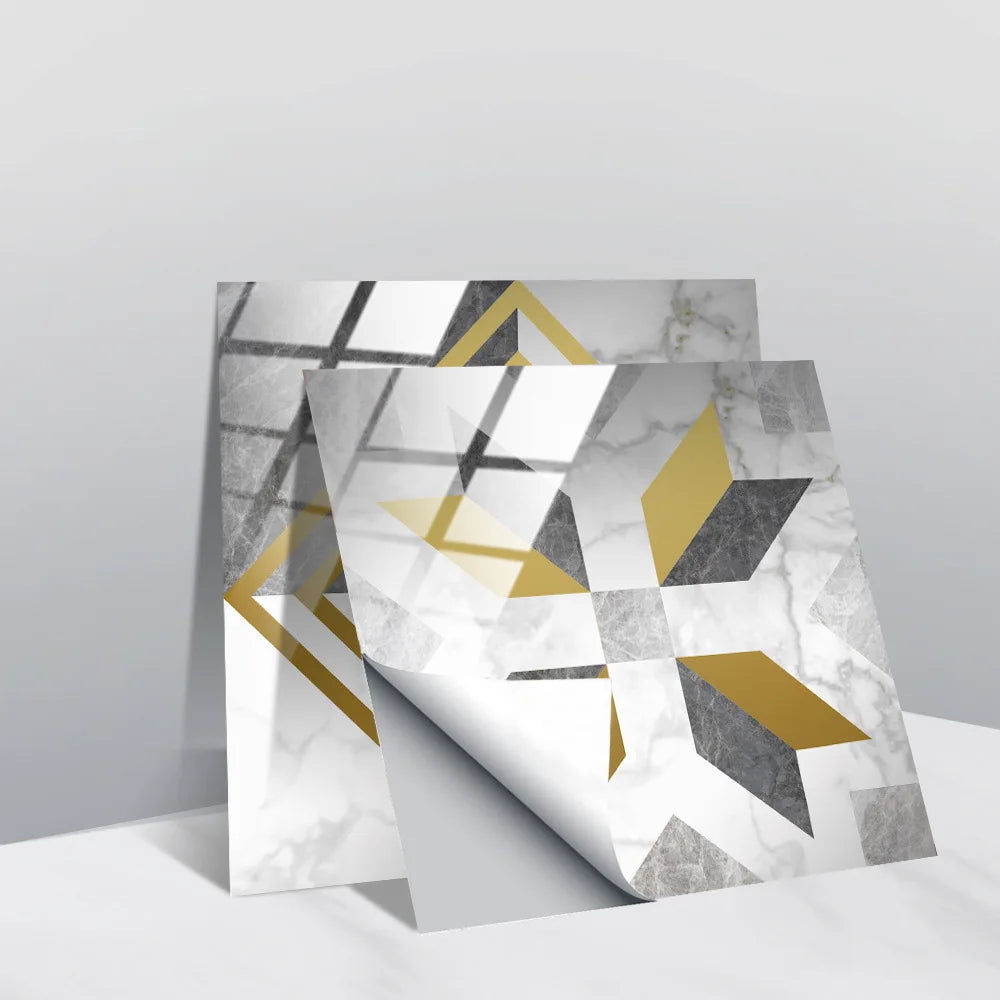 Peel-and-stick faux crystal tile wall stickers, white and gray with gold geometric accents.