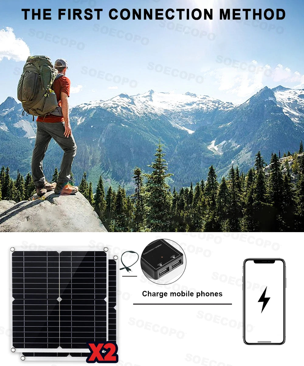 SOECOPO10000W Peak Solar System Kit 2x300W Solar Panels DC 12V 24V - AC 110V/220V Inverter 100A Controller for Home Camping