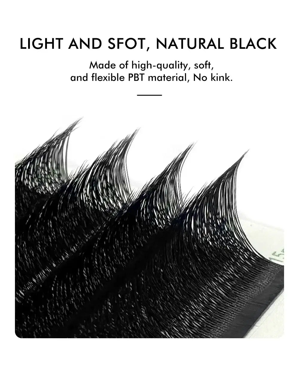 Close-up of natural black W-shaped volume eyelash extension premade fans made from soft, flexible PBT material.