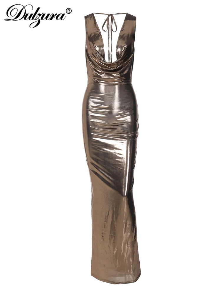 Dulzura Solid Pu Swinging Collar Lace-Up Backless Maxi Dress Bodycone Sexy Party Elegant Y2K Club 2023 Summer For Women Classy