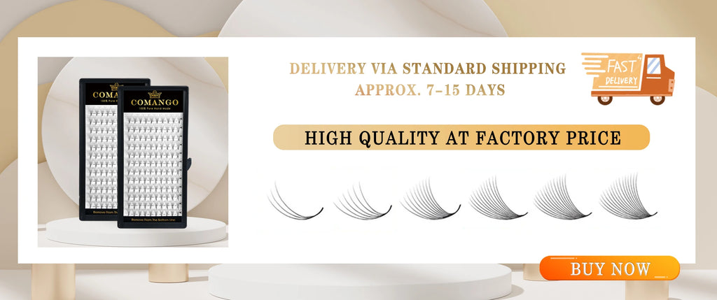 Two black trays of synthetic cluster eyelashes, shown with six individual fan styles for professional application.