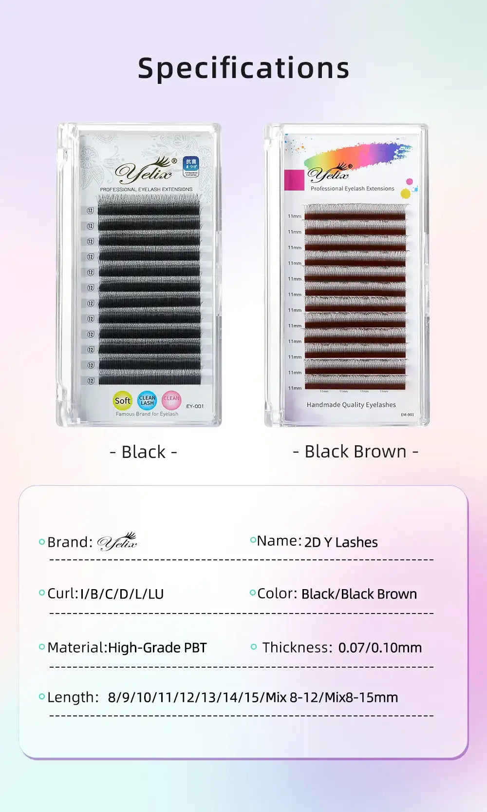 Two trays of Yelix 2D Y-lash extensions in black and dark brown, shown with a PBT material specification table.