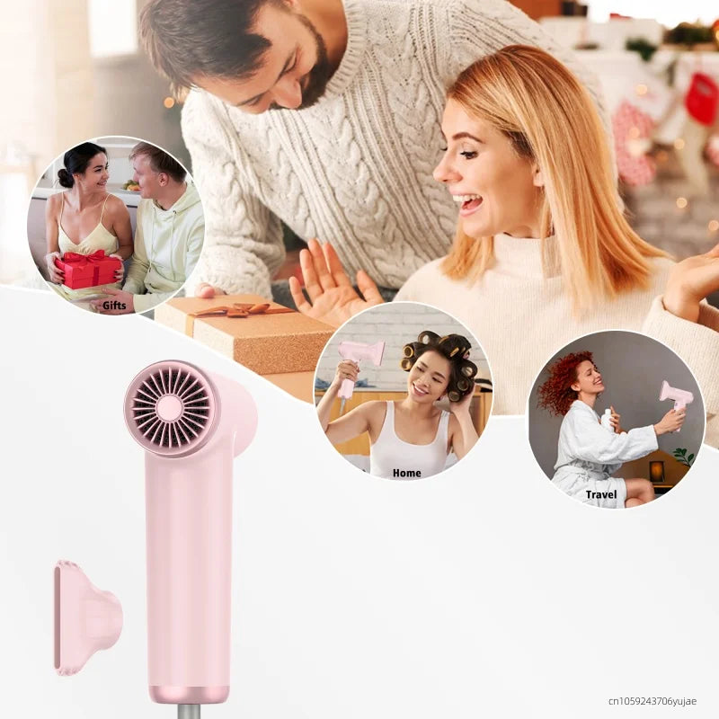 Pink portable high-speed hair dryer with nozzle attachment, 110k RPM brushless motor, perfect for travel and gifts.