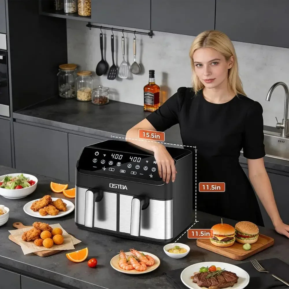 9.5QT Dual Air Fryer, 1700W Power, 2x 4.25QT Stainless Steel Baskets, Digital Touch, 8 Cooking Presets, Auto Shut-off, Dishwashe