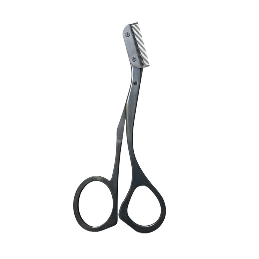 Professional matte black stainless steel eyebrow trimmer scissors with a precision comb edge for shaping.