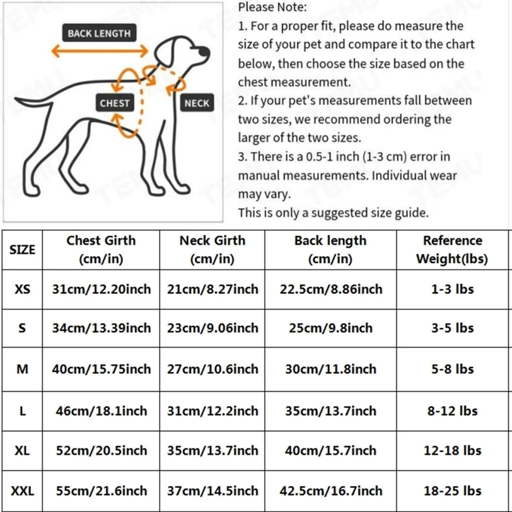 Size chart for breathable summer pet clothing, showing measurement guide for small dogs and cats to ensure perfect fit.