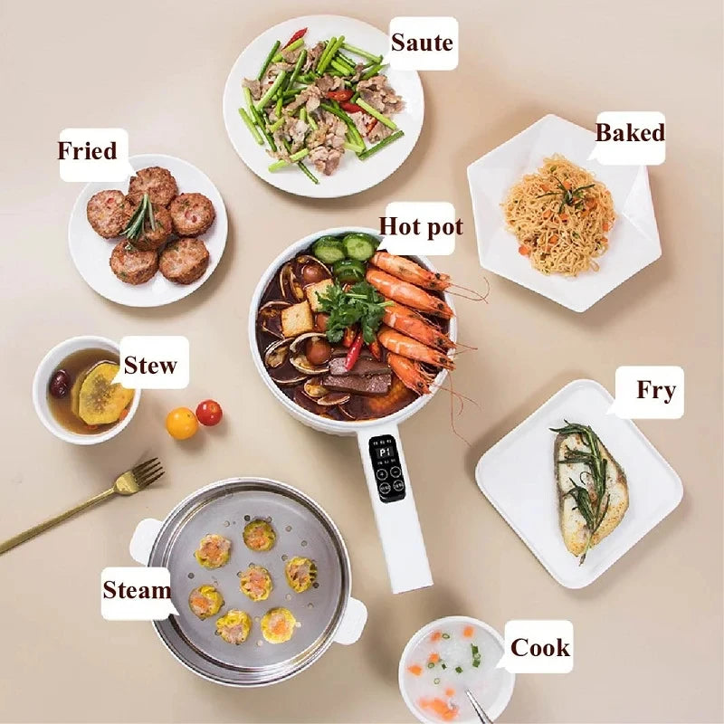 Multifunction electric cooking pot with remote and various meal plates around it