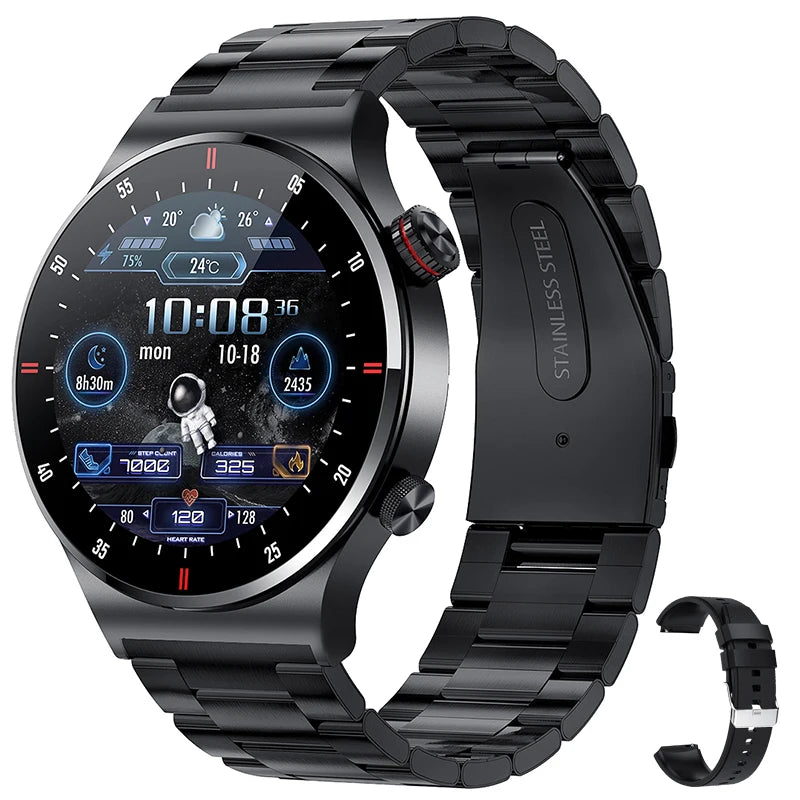 Men's smartwatch with black metal link bracelet and black dial with blue UI