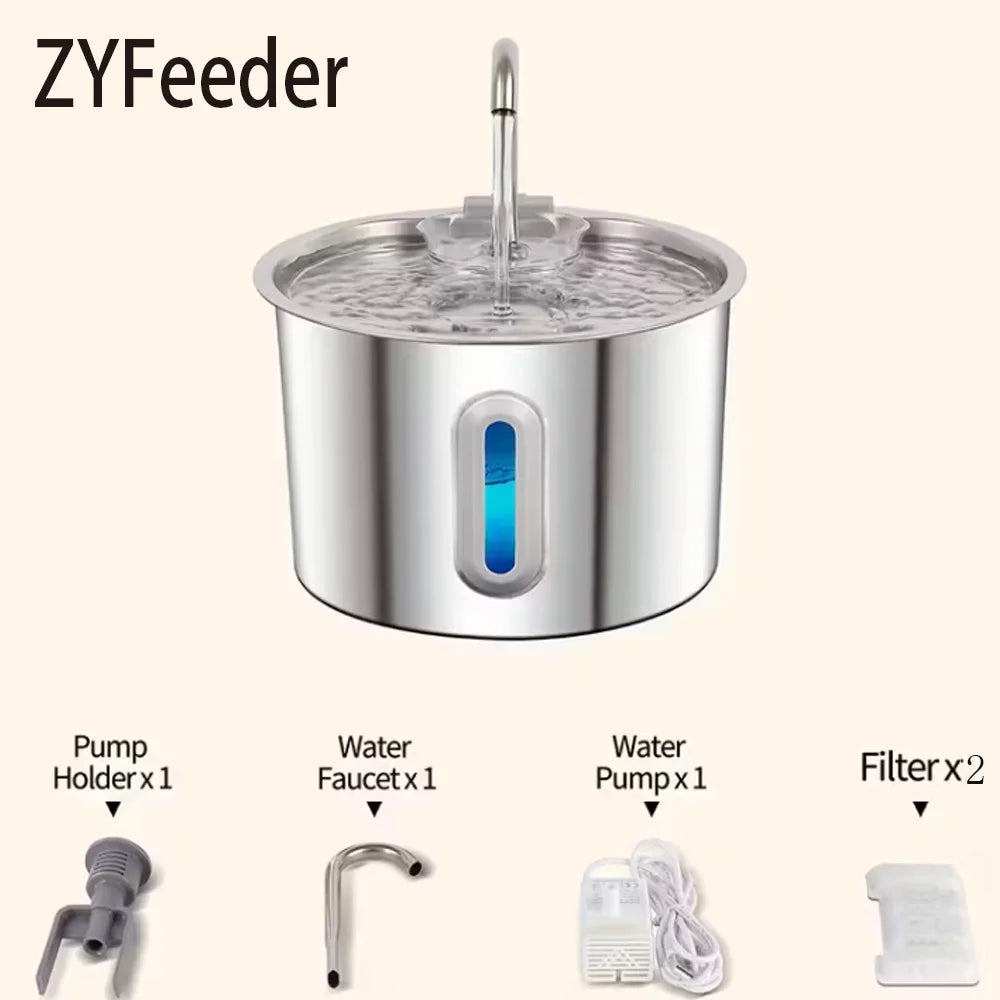 2.2L stainless steel cat and dog water fountain with LED water level window for fresh, filtered pet hydration.