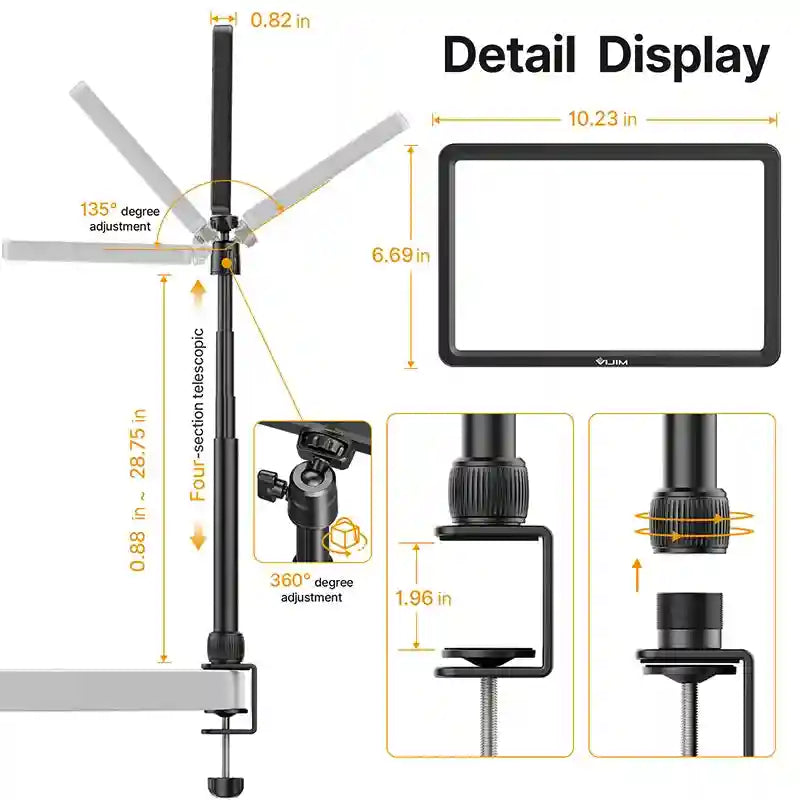 Black rectangular LED video light with a 135-degree tilting head, adjustable telescopic stand, and desk mounting clamp.