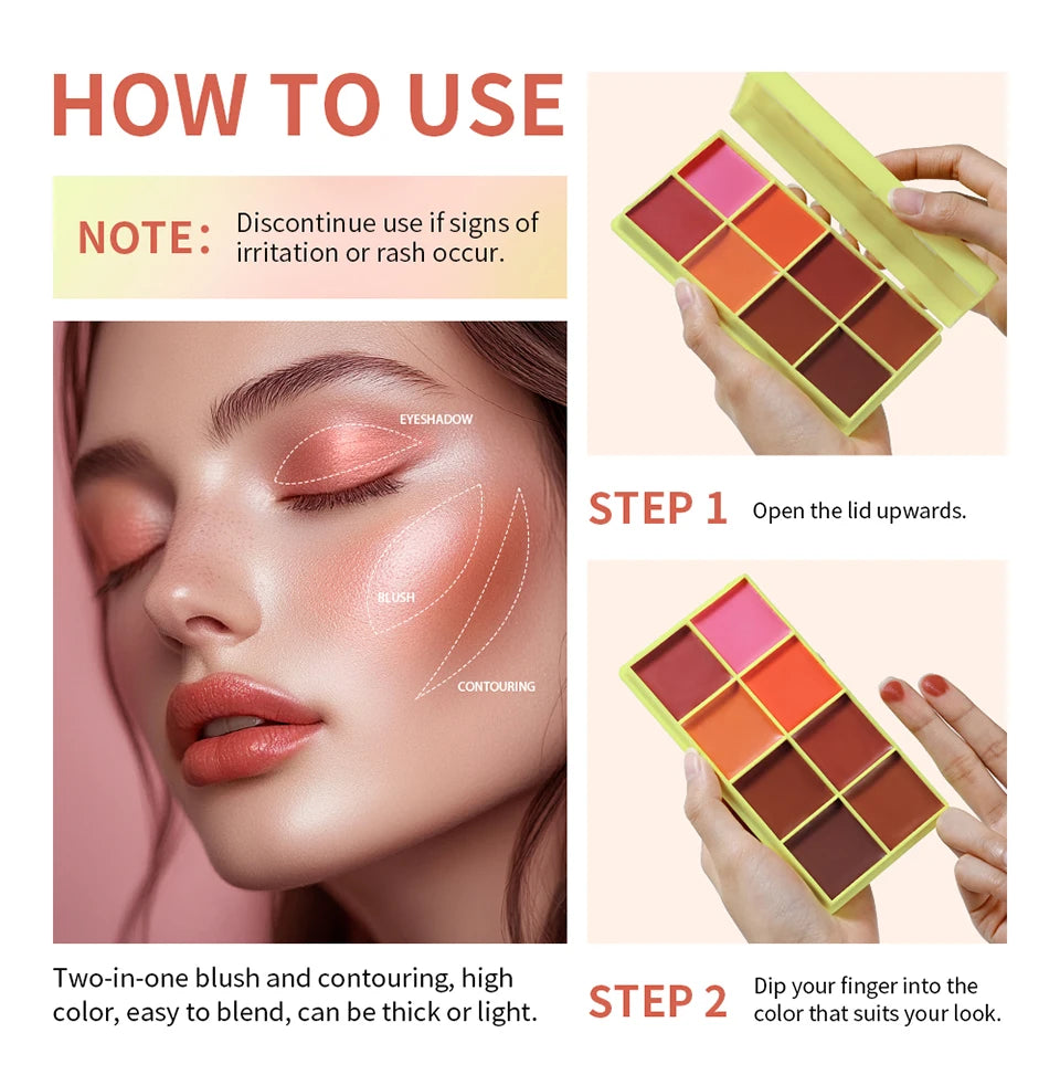 Tidesmit 8 color blush and eyebrow cream highlighter palette with matte and shimmer makeup finishes