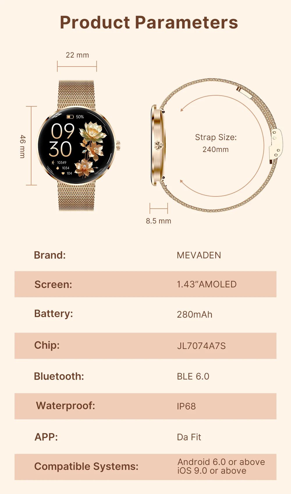 MEVADEN 8.5mm Utra-thin Stainless Steel Smartwatch 1.43 inch AMOLED Screen Women Bluetooth Call Health Monitor Sport Smart Watch