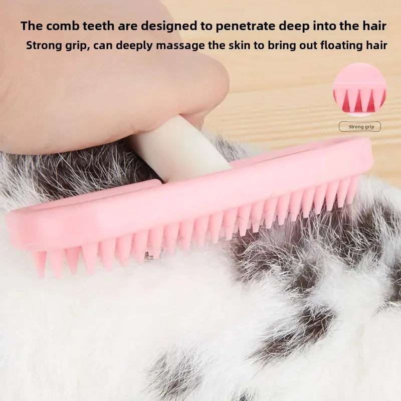 Pink silicone pet brush grooming a rabbit to remove floating hair and massage skin. Ideal for cats and small animals.