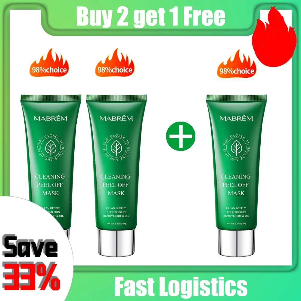 Three green tubes of MABRÉM deep cleaning peel-off face mask with a "Buy 2 get 1 Free" promotional graphic.