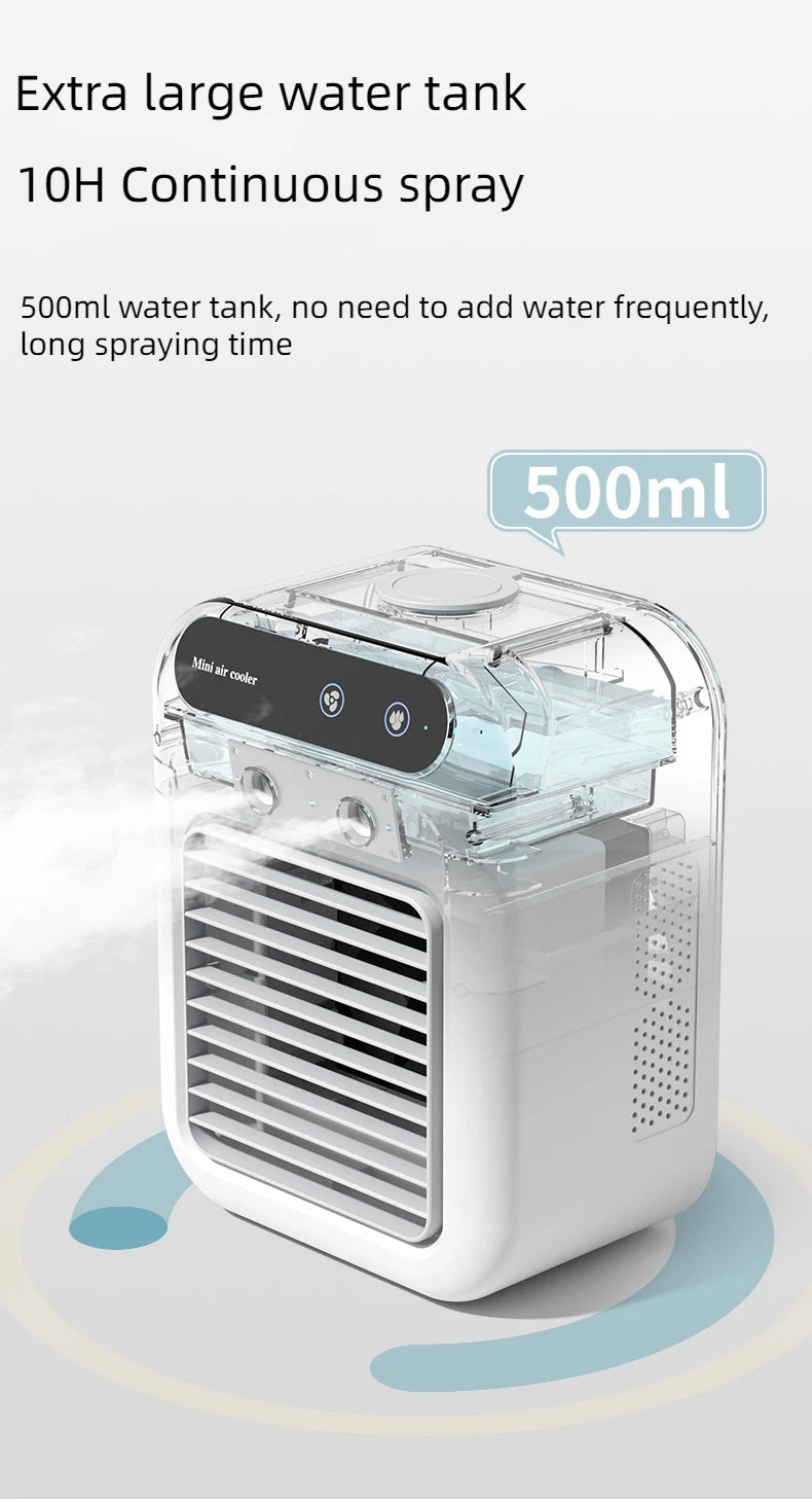 Tidesmit portable mini air cooler with water tank and 1800mAh battery for desktop cooling, side angle view.