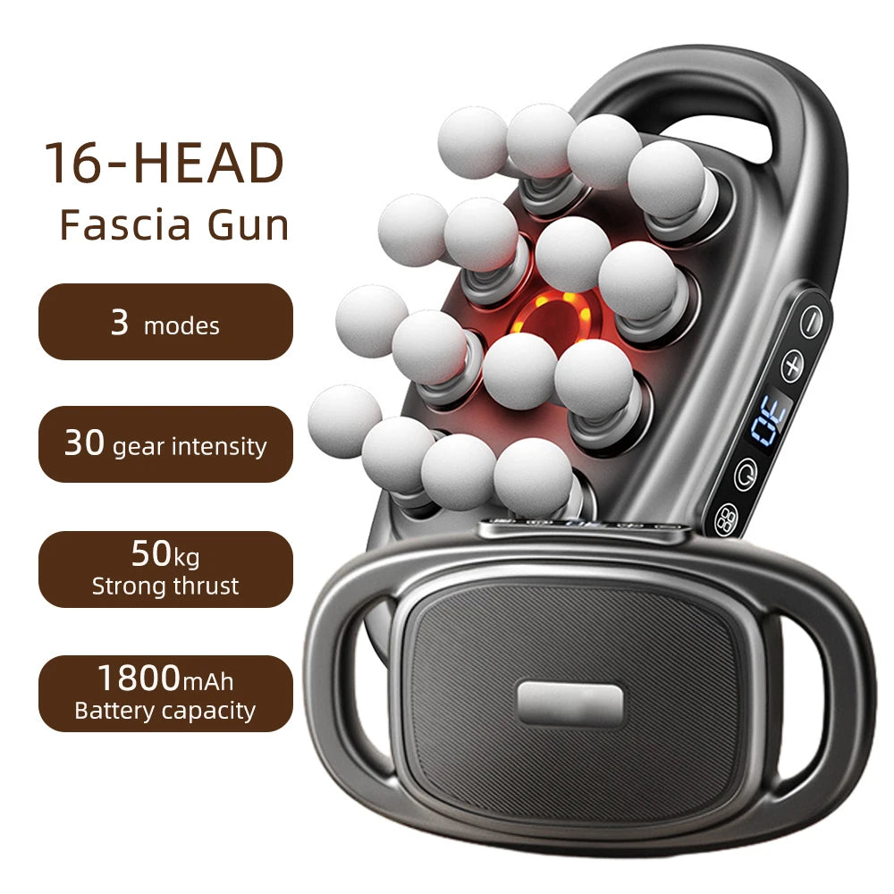 16-head fascia gun with grey ergonomic handle, white massage nodes, and LED display for muscle recovery.