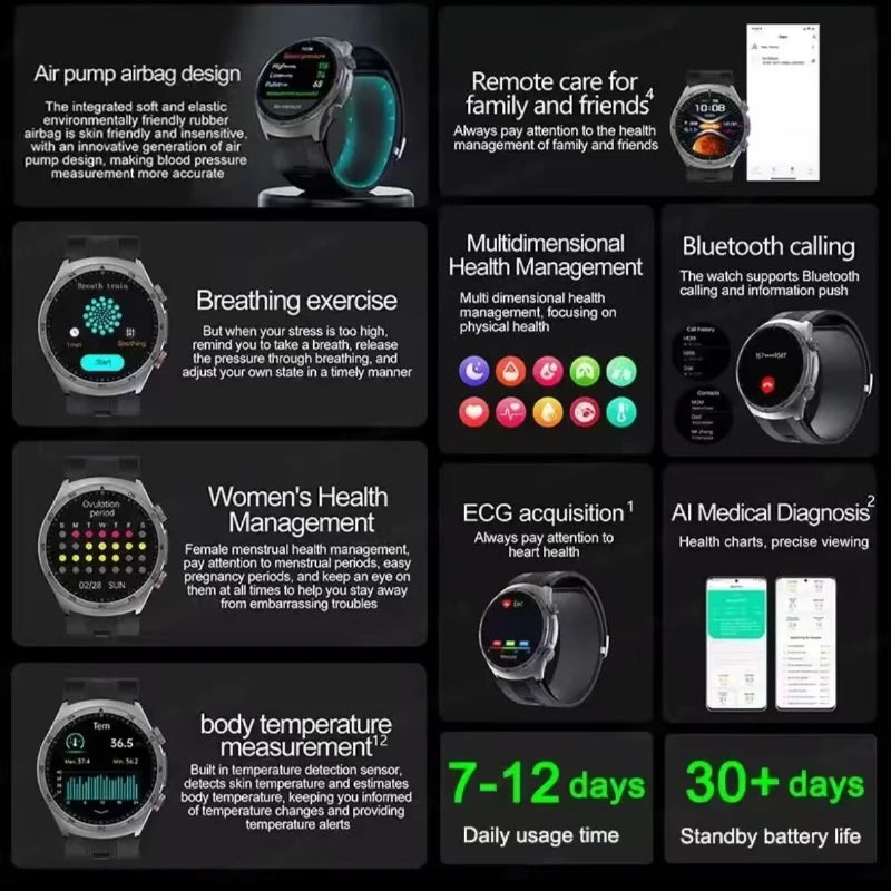 New AI Diagosis ECG Health Smart Watch Men Blood Pressure Lipid Uric Acid NFC Air Pump Airbag Health Smartwatches For men Women