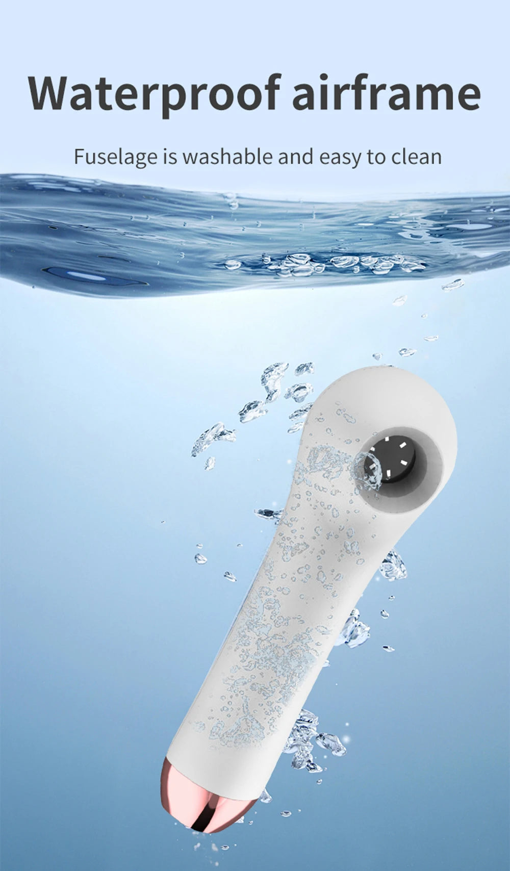 Waterproof white HD hair follicle and skin analyzer handheld device submerged in water for easy cleaning.