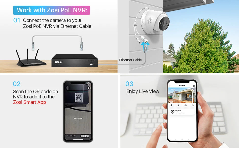 ZOSI 8MP 5MP PoE Dome Camera Set Outdoor/Indoor AI Human Car Detection 2-Way Audio Color Night Vision Surveillance IP Camera Kit