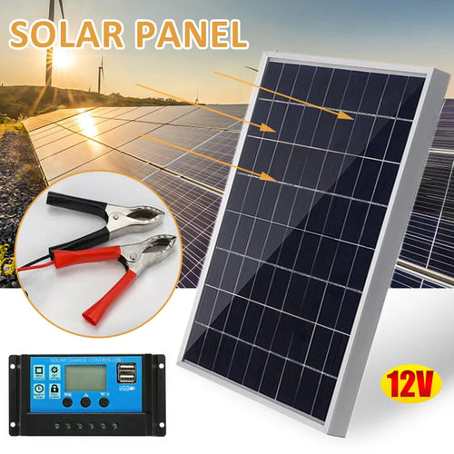Polycrystalline 12V solar panel kit with charge controller and alligator clips, set against an outdoor farm background.