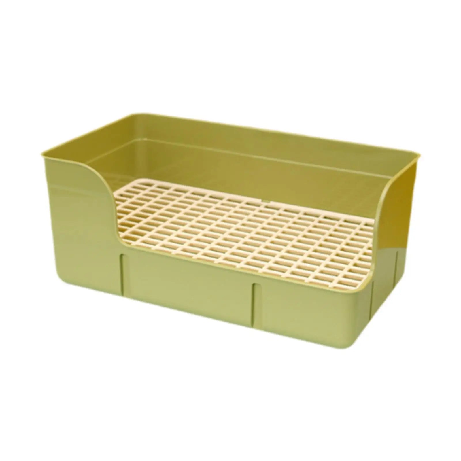 Green plastic rabbit litter box with mesh floor for easy cleaning of small animals like hamsters, rats, and ferrets.