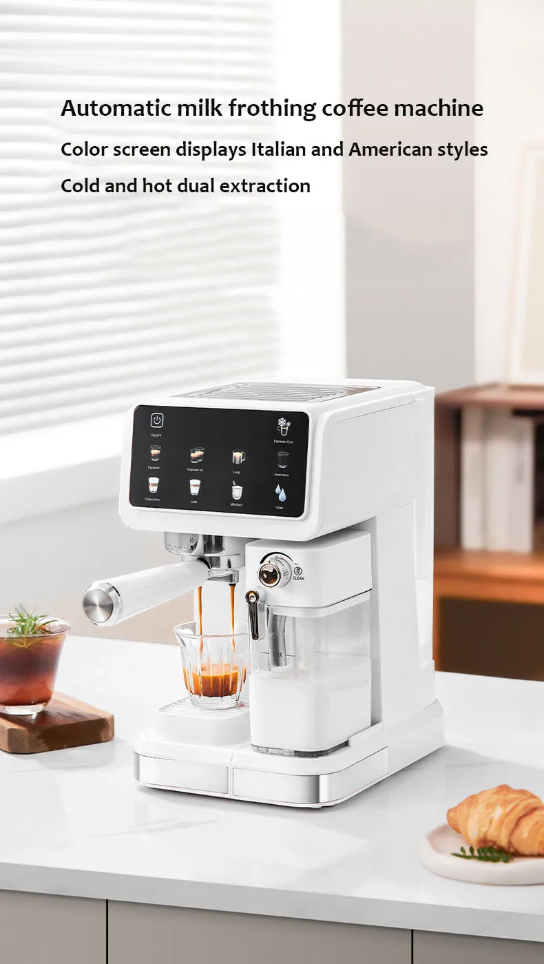 White automatic espresso machine with milk frother, color touchscreen display, and cold or hot coffee extraction.