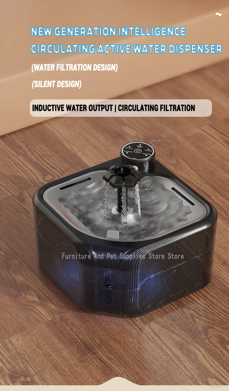 Wireless black automatic cat water fountain with 2800ml tank, infrared sensor, and silent filtration for healthy pets.