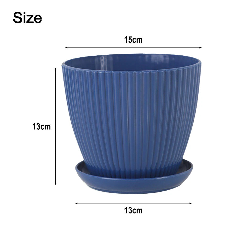 5 Pcs Modern Resin Planters 6 Inch Drainage Hole Flower Pots With Saucers Vertical Stripe Design For Houseplant Garden