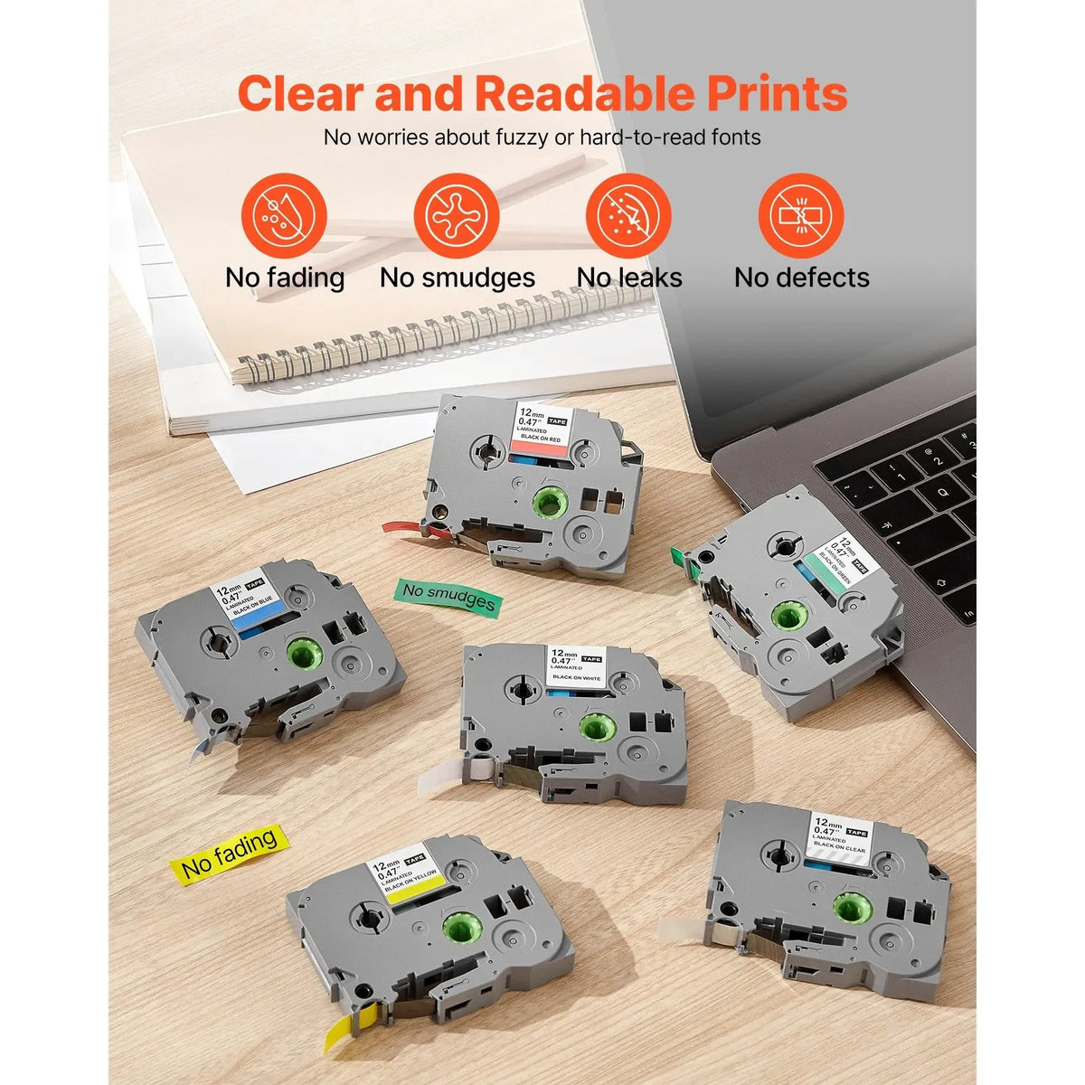 Thermal label tape cartridges with green spool on desk beside printed label sheets