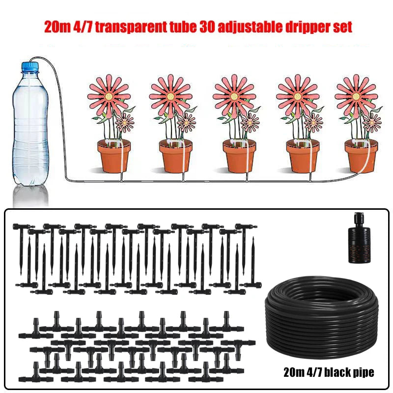 Garden drip irrigation kit set: 20m/4.7mm black pipe with adjustable drippers and stakes