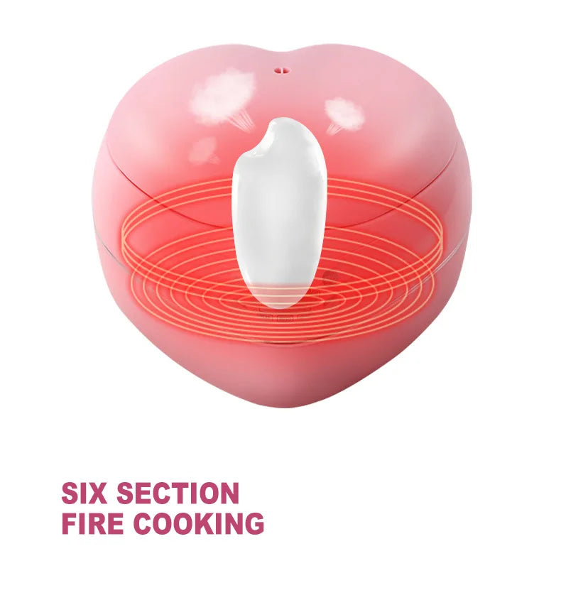 Pink heart-shaped rice cooker with lid and red fire-heating ring design