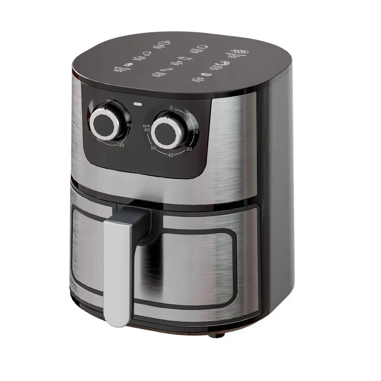 Stainless steel air fryer with two side dials and front drawer handle