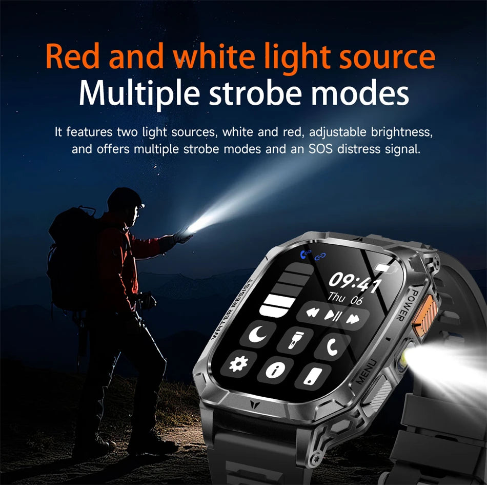 2026 New Hot flashlight Men Smartwatch Compass 1400 mAh BT call GPS fitness IP68 Waterproof Fashion Smartwatch For holiday Gifts