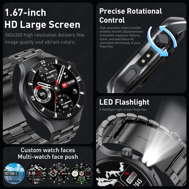 LIGE New 1000mAh Battery Smart Watch Health Monitor Bluetooth Call LED Flashlight Sports Tracker Smart Bracelet For Android ios