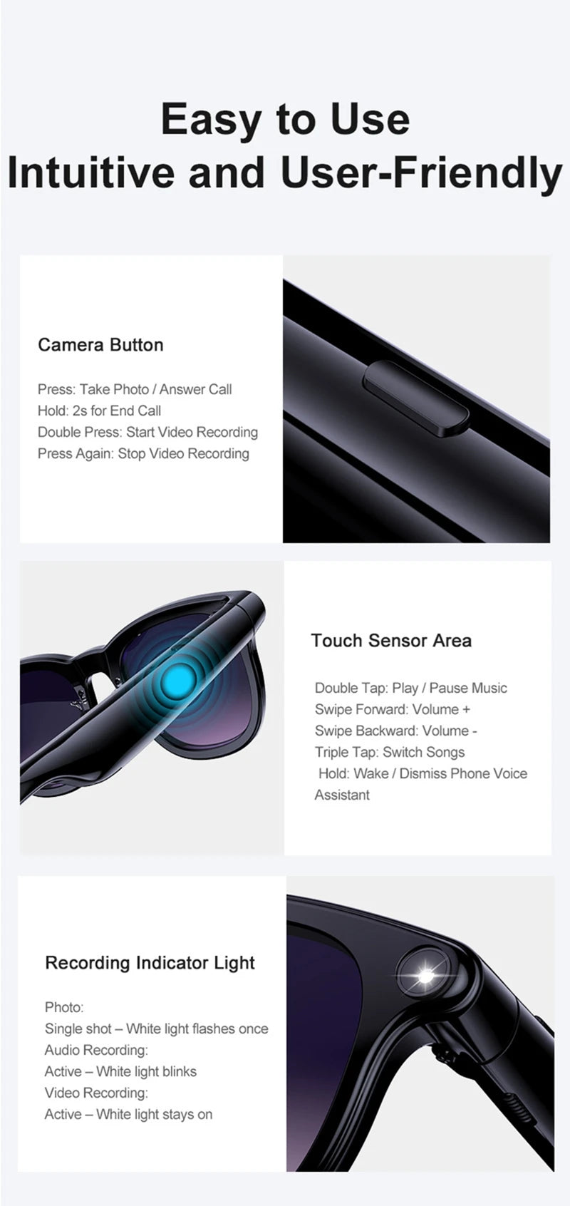 Smart Glasses with 8K Camera, Bluetooth Audio & 3-Lens Set Tidesmit