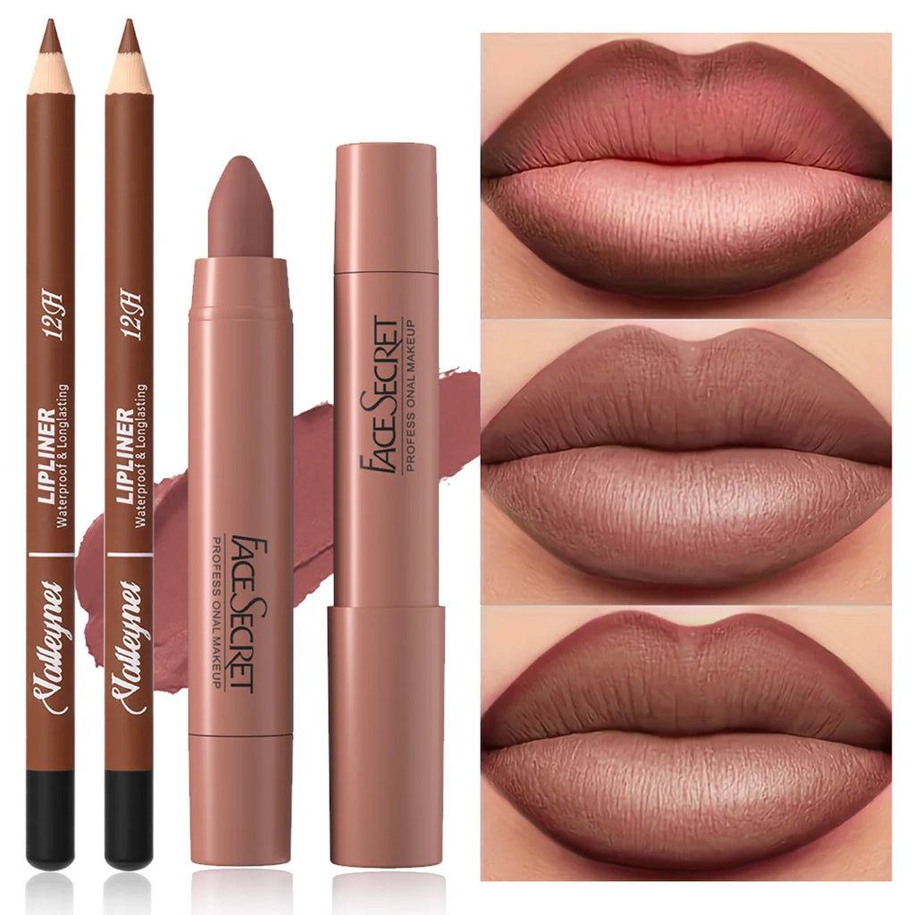 2pc matte lipstick and lip liner set featuring long-lasting, waterproof brown nude velvet formula for defined lips.