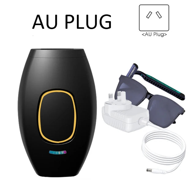 Black IPL laser hair removal device with AU plug, safety glasses, and razor for painless home bikini body grooming.