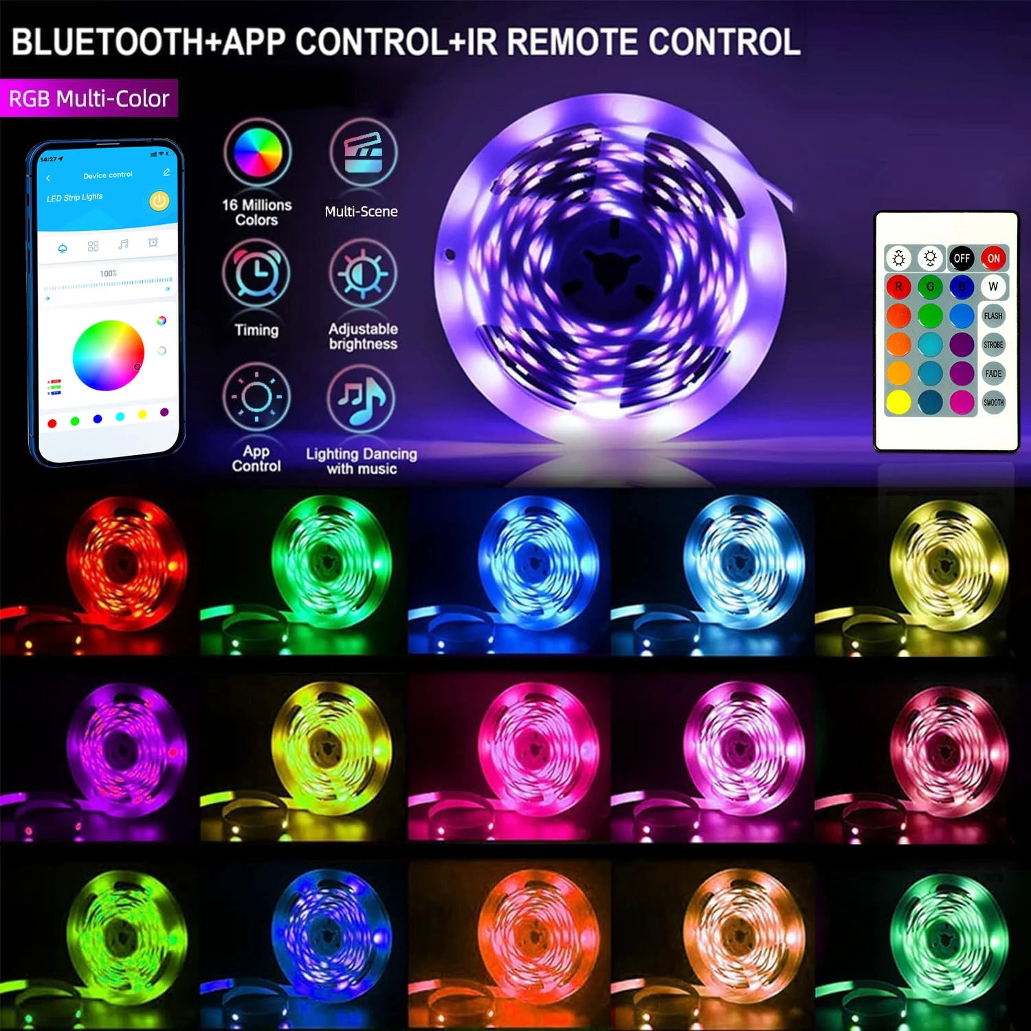 RGB LED Strip Lights, 5V USB Powered LED Tape,  24 Key Remote & APP Control, Music Sync Flexible Ambient Lighting for DIY Living Room, Bedroom,TV Backlight, Game Lighting,Party, Decorative String Lights