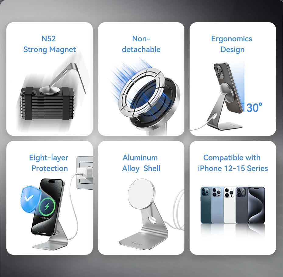 Vention Desktop 15W Magnetic Phone Wireless Charger with 1M Cable For Magsafe iPhone 15 14 13 12 Fast Charging Station Dock